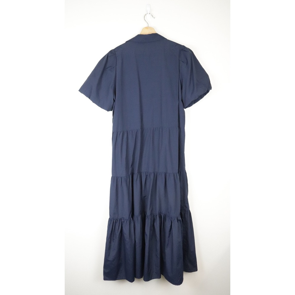 Brochu Walker The Havana Dress Puff Sleeve Tiered Poplin Midi Dress Large Navy - Picture 3 of 10